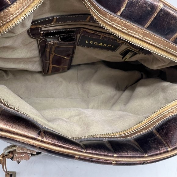 Legaspi Crocodile Alligator Design Patent Leather Print Purse Handbag 8"X12" - Picture 6 of 11